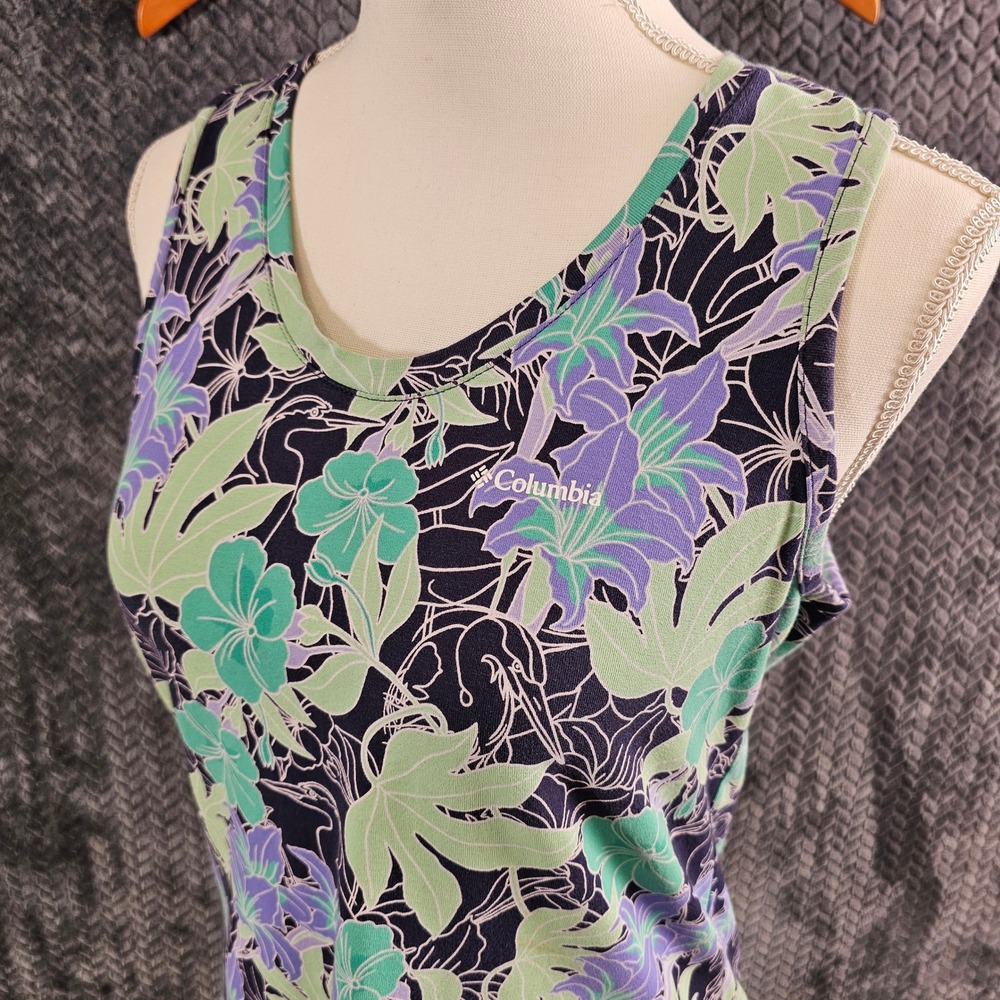 Columbia Women Floral Tank Top‎ M M Blue Green Purple Lily Bird Print